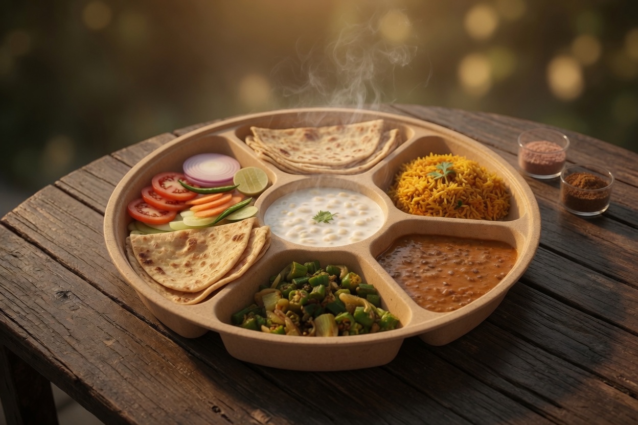 Indian thali with paneer curry, dal, rice and chapati